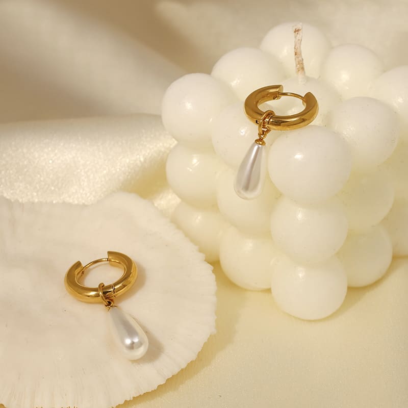 עגילי חישוק פנינה תלויה ציפוי זהב 18K 35535